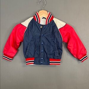 Vintage Kids Varsity Bomber Jacket Red White Blue Nylon Snap Front 70s-80s